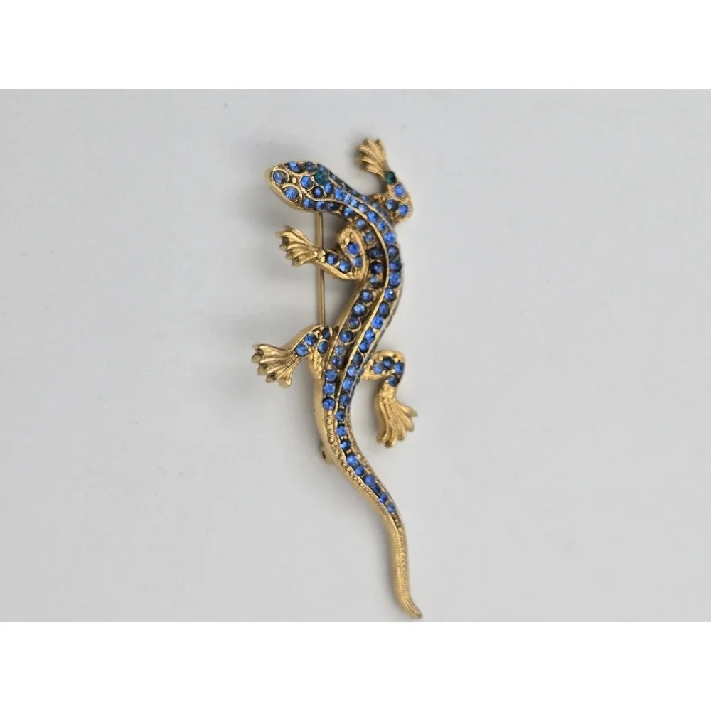 Vintage Gold Tone Blue Rhinestone Lizard Brooch Pin Animal Figural Jewelry‎